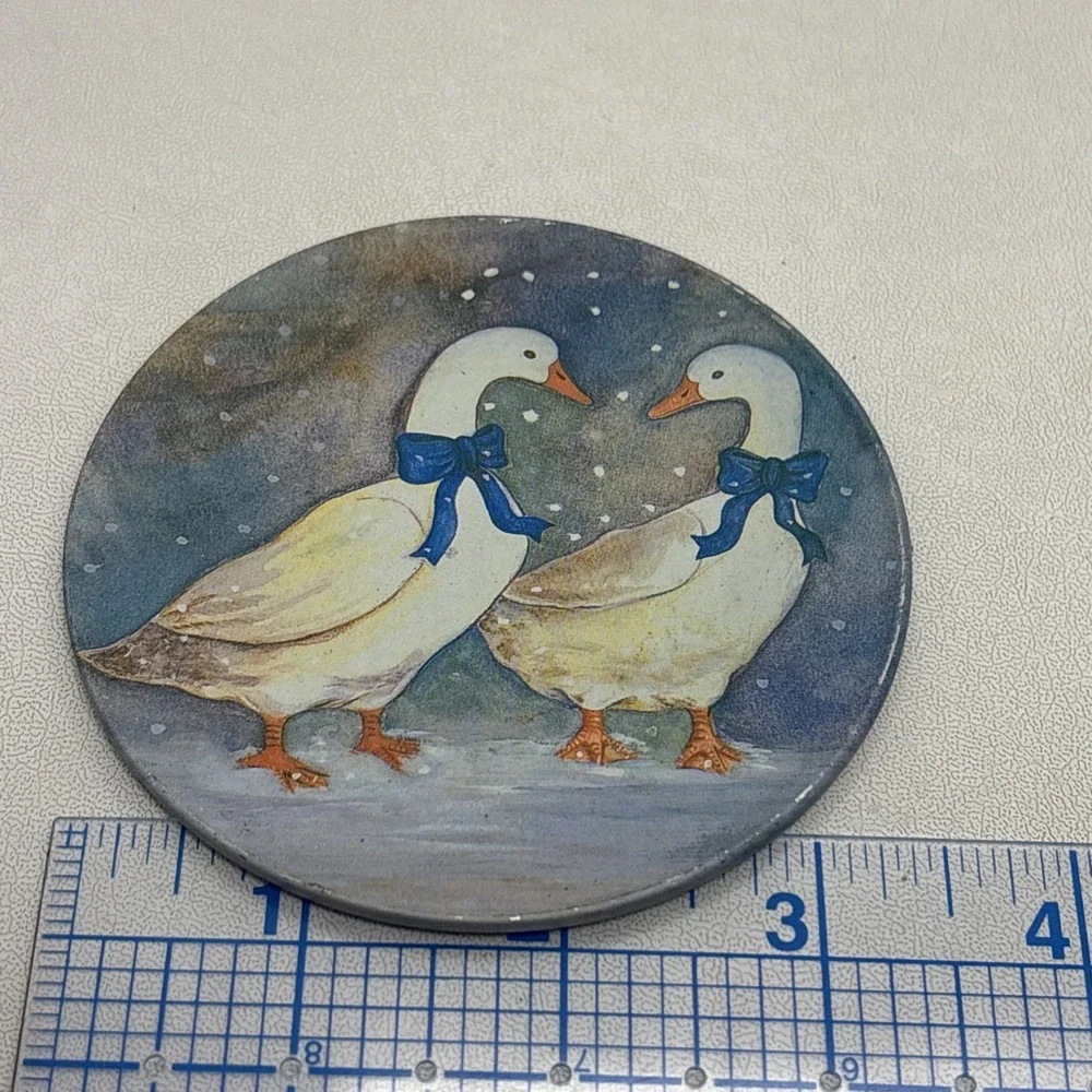 Vtg 90s Goose Blue Bow Winter Geese Ribbon Coaster Set Tin Set of 6 Cottagecore
